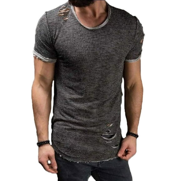 Qiangjinjiu Mens Short Sleeve Hip-Hop Ripped Hole Fashion Dress Shirt Shirt Top T Shirt Qiangjinjiu Mens Short Sleeve Hip-Hop Ripped Hole Fashion Dress Shirt Shirt Top T Shirt